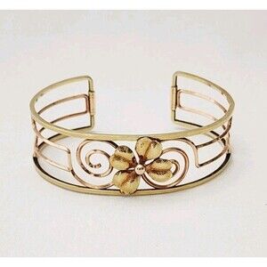 Vintage Krementz USA Gold Plated Floral Openwork Cuff Bracelet - 6"